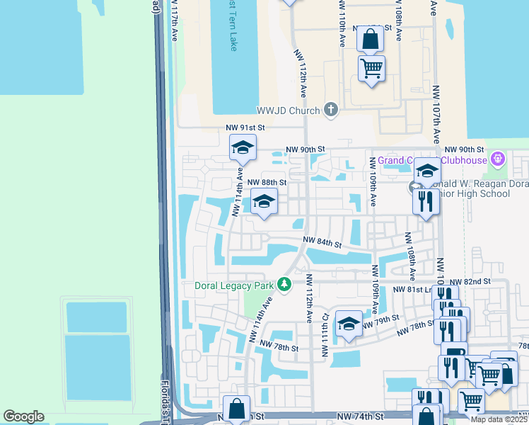 map of restaurants, bars, coffee shops, grocery stores, and more near 11370 Northwest 84th Street in Doral