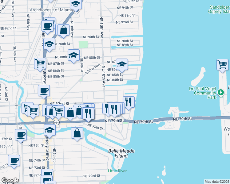map of restaurants, bars, coffee shops, grocery stores, and more near 8230 North Bayshore Drive in Miami