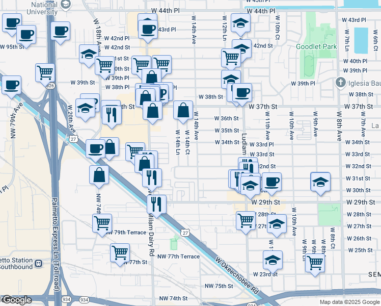 map of restaurants, bars, coffee shops, grocery stores, and more near 3224 West 14th Court in Hialeah
