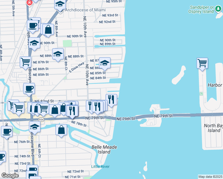 map of restaurants, bars, coffee shops, grocery stores, and more near 1207 Northeast 82nd Street in Miami