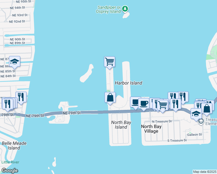 map of restaurants, bars, coffee shops, grocery stores, and more near 7934 West Drive in Miami Beach