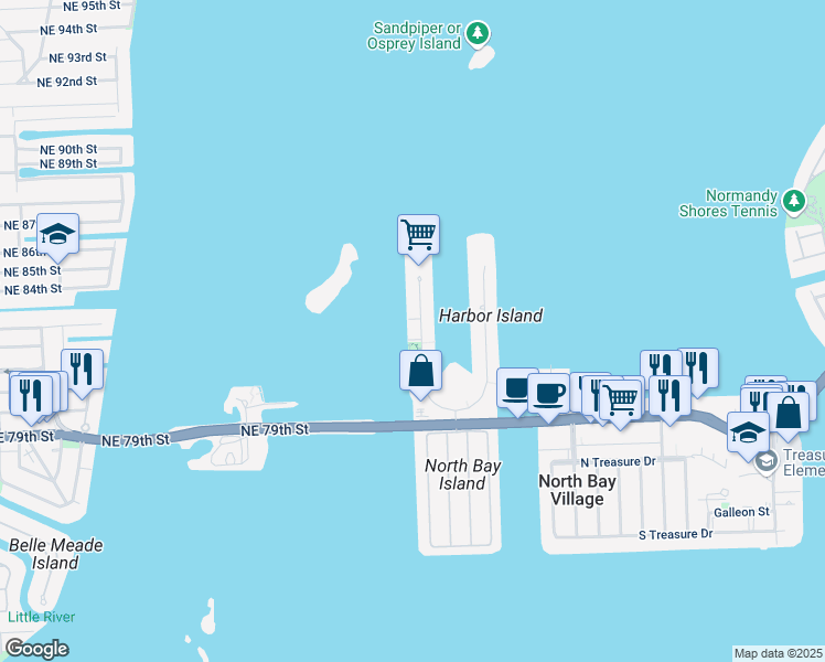 map of restaurants, bars, coffee shops, grocery stores, and more near 7928 West Drive in North Bay Village