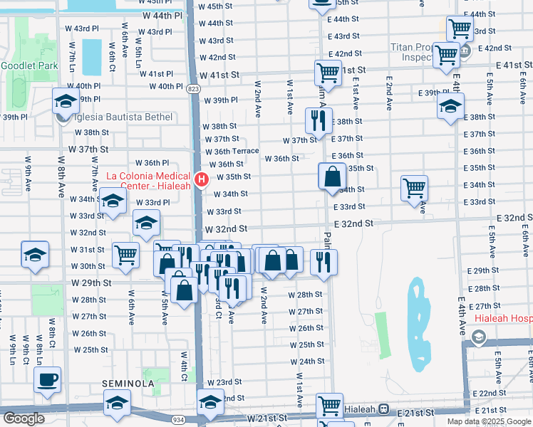 map of restaurants, bars, coffee shops, grocery stores, and more near 176 West 34th Street in Hialeah