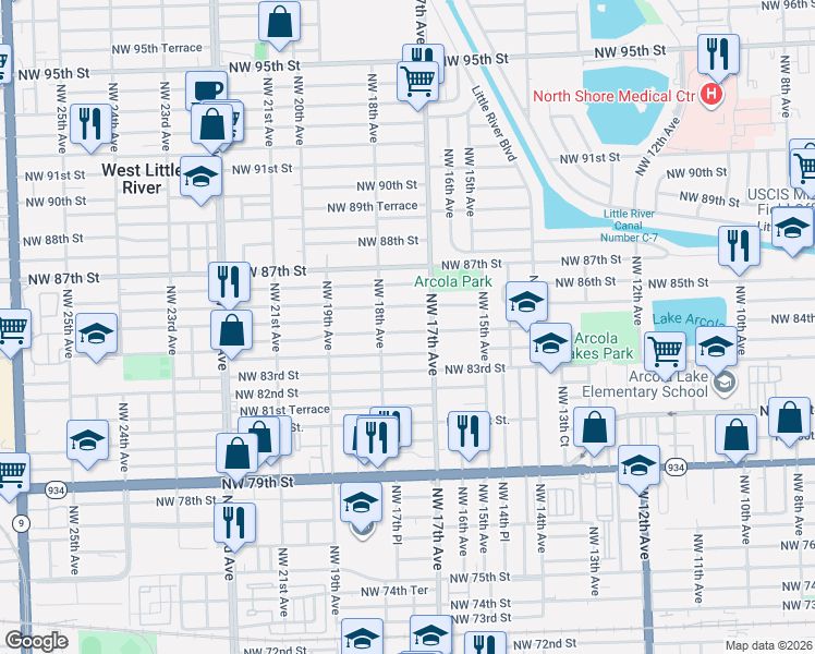 map of restaurants, bars, coffee shops, grocery stores, and more near 1720 Northwest 85th Street in Miami