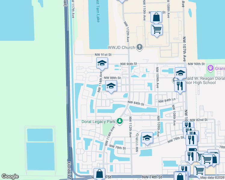 map of restaurants, bars, coffee shops, grocery stores, and more near 11269 Northwest 87th Street in Doral