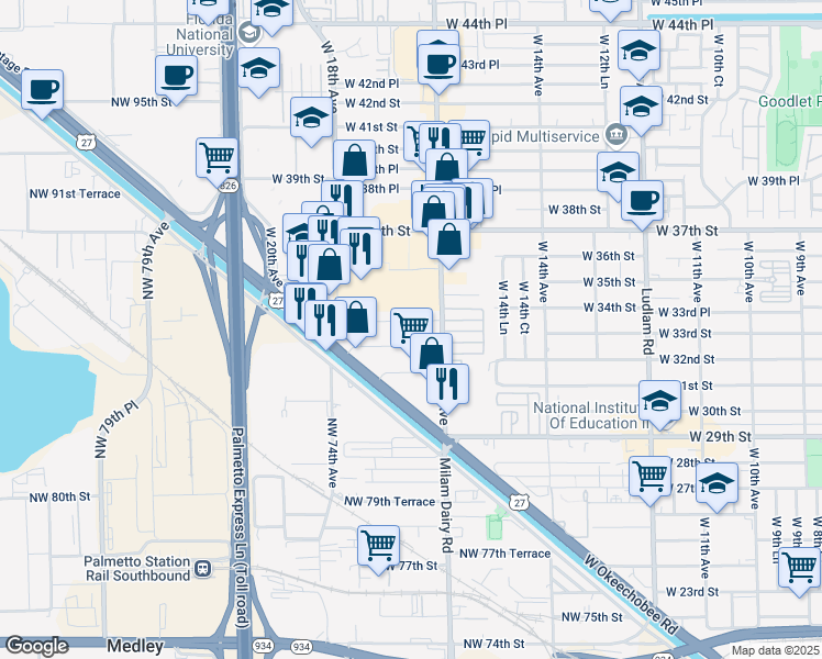 map of restaurants, bars, coffee shops, grocery stores, and more near 1665 W 33rd Pl in Hialeah