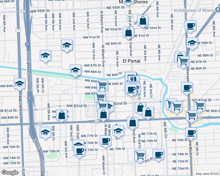 map of restaurants, bars, coffee shops, grocery stores, and more near 95 Northeast 84th Street in Miami