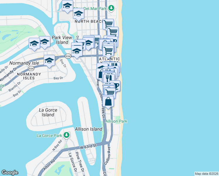 map of restaurants, bars, coffee shops, grocery stores, and more near 6800 Collins Avenue in Miami Beach