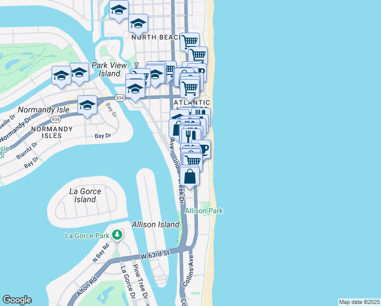map of restaurants, bars, coffee shops, grocery stores, and more near 6800 Collins Avenue in Miami Beach