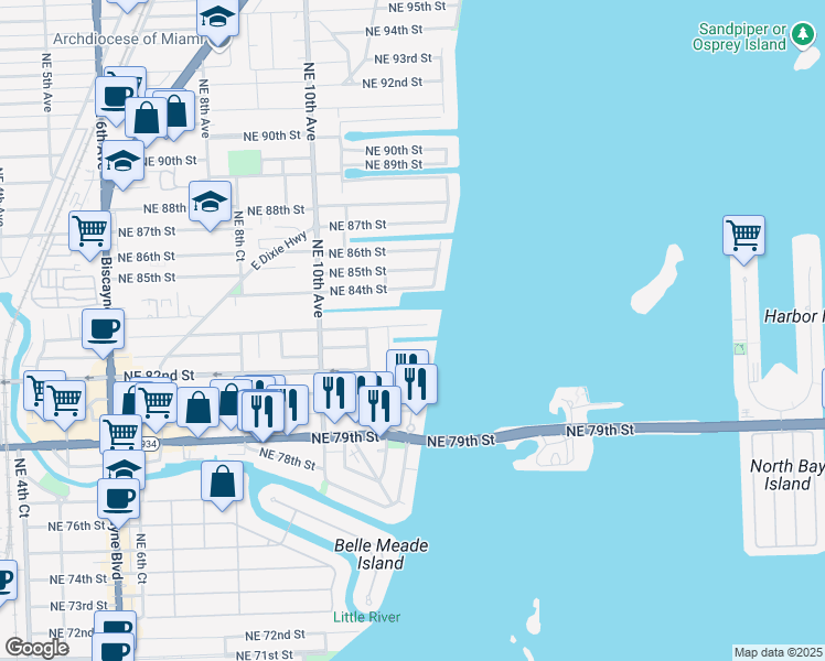 map of restaurants, bars, coffee shops, grocery stores, and more near 1221 Northeast 83rd Street in Miami