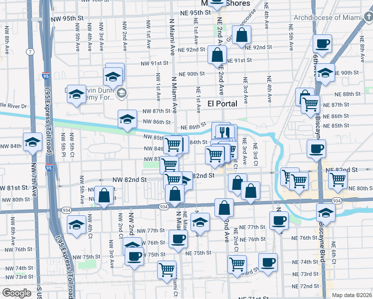 map of restaurants, bars, coffee shops, grocery stores, and more near 95 Northeast 84th Street in Miami