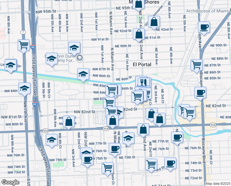 map of restaurants, bars, coffee shops, grocery stores, and more near 18 Northwest 85th Street in Miami