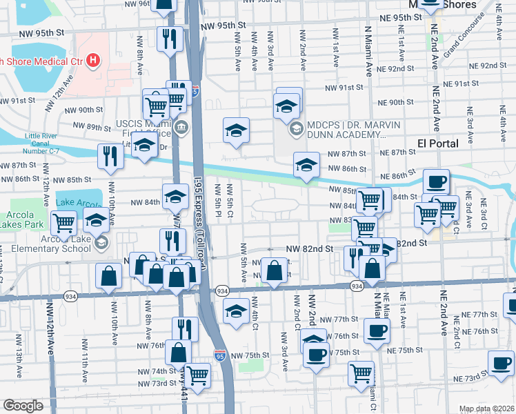 map of restaurants, bars, coffee shops, grocery stores, and more near 474 Northwest 84th Lane in Miami