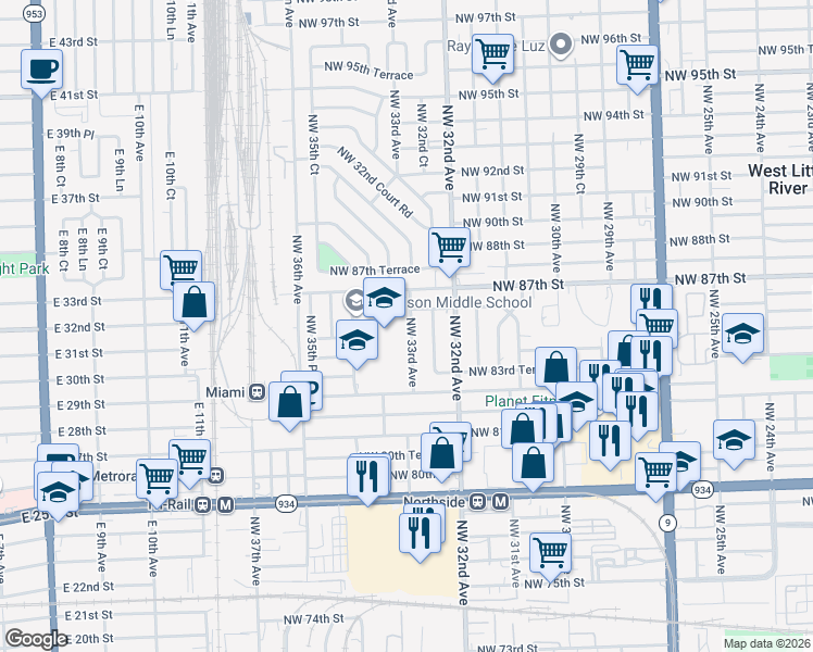 map of restaurants, bars, coffee shops, grocery stores, and more near 3245 Northwest 86th Street in Miami