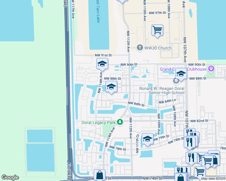 map of restaurants, bars, coffee shops, grocery stores, and more near 11269 Northwest 87th Street in Doral