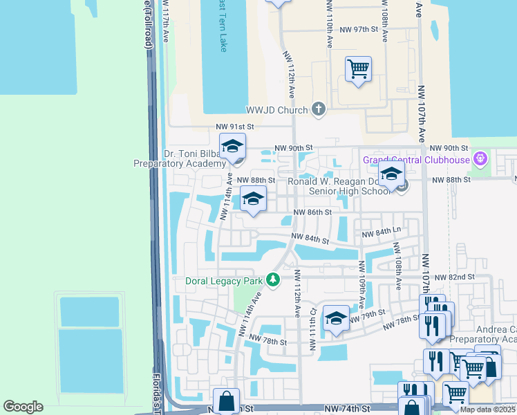 map of restaurants, bars, coffee shops, grocery stores, and more near 8627 Northwest 113th Court in Doral