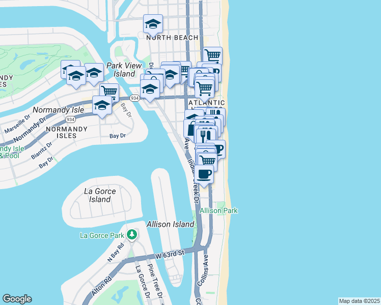 map of restaurants, bars, coffee shops, grocery stores, and more near 6767 Indian Creek Drive in Miami Beach