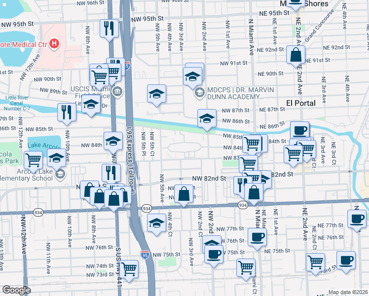 map of restaurants, bars, coffee shops, grocery stores, and more near 8456 Northwest 4th Court in Miami