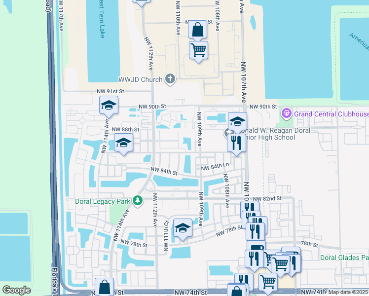 map of restaurants, bars, coffee shops, grocery stores, and more near 10015 Northwest 86th Terrace in Doral