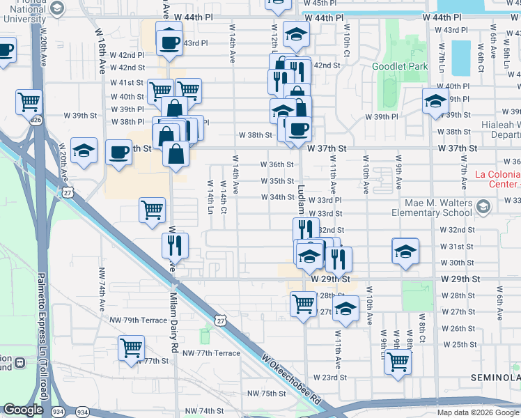 map of restaurants, bars, coffee shops, grocery stores, and more near 1300 West 34th Street in Hialeah