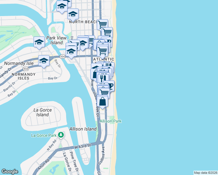 map of restaurants, bars, coffee shops, grocery stores, and more near 6799 Collins Avenue in Miami