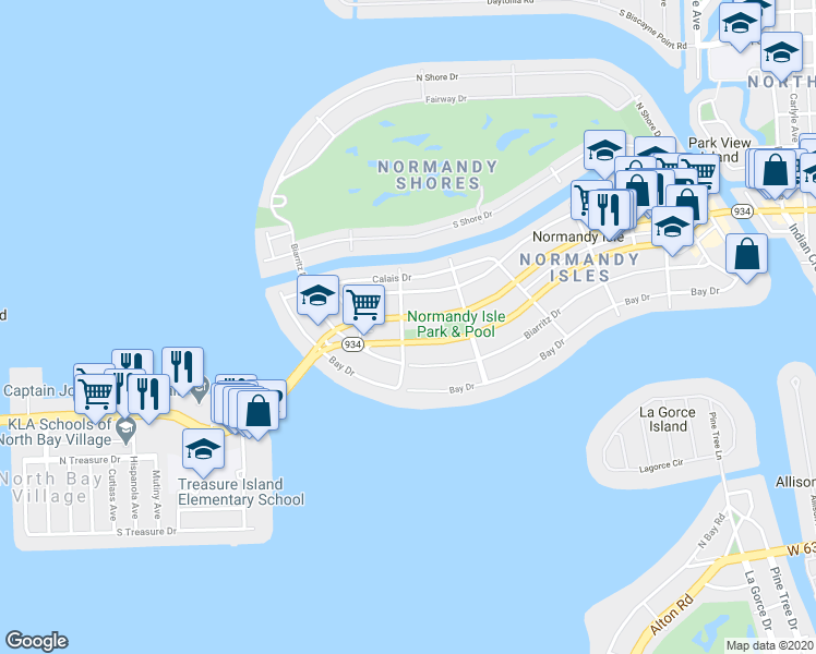 map of restaurants, bars, coffee shops, grocery stores, and more near 1915 Normandy Drive in Miami Beach