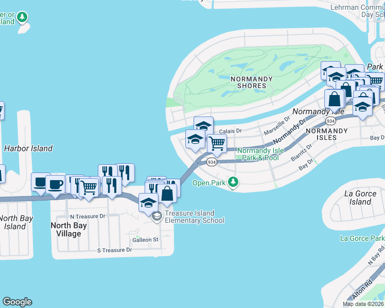 map of restaurants, bars, coffee shops, grocery stores, and more near 2158 Biarritz Drive in Miami Beach