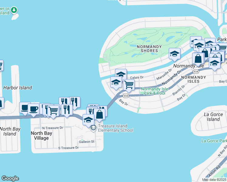 map of restaurants, bars, coffee shops, grocery stores, and more near 2158 Biarritz Drive in Miami Beach