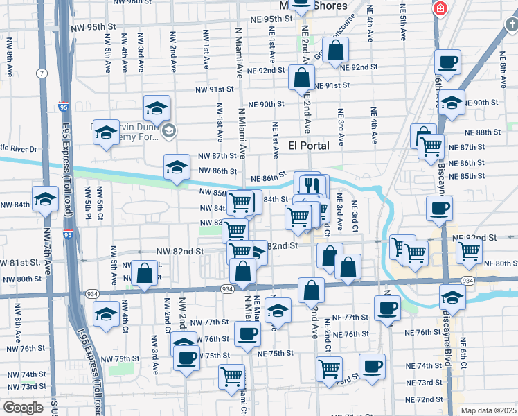 map of restaurants, bars, coffee shops, grocery stores, and more near 95 Northeast 84th Street in Miami