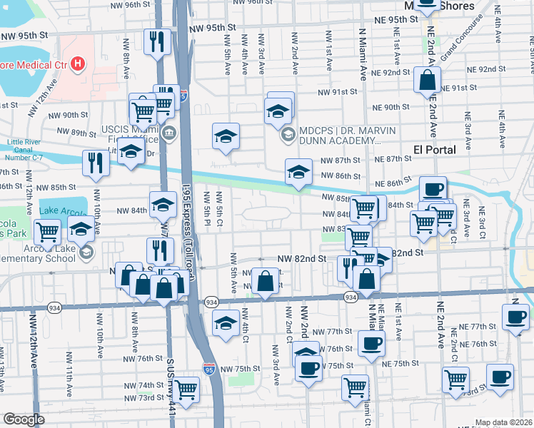 map of restaurants, bars, coffee shops, grocery stores, and more near 8456 Northwest 4th Court in Miami