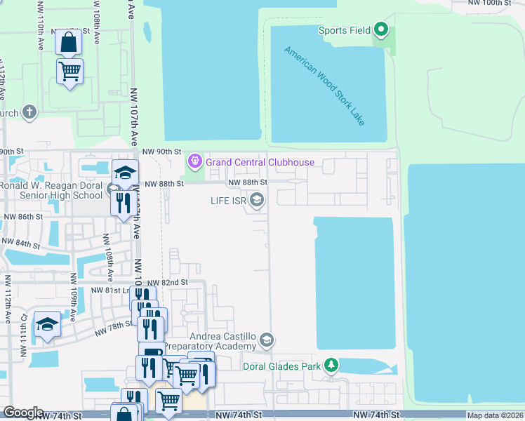 map of restaurants, bars, coffee shops, grocery stores, and more near 8640 Northwest 101st Place in Doral