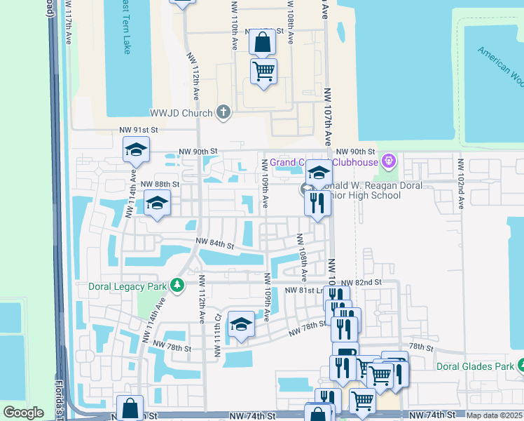 map of restaurants, bars, coffee shops, grocery stores, and more near 8707 Northwest 109th Court in Doral