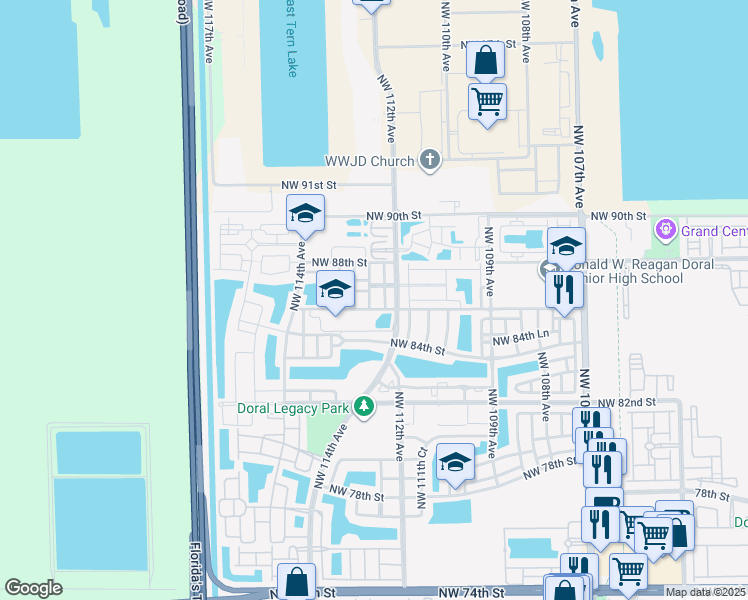 map of restaurants, bars, coffee shops, grocery stores, and more near 8711 Northwest 112th Court in Doral