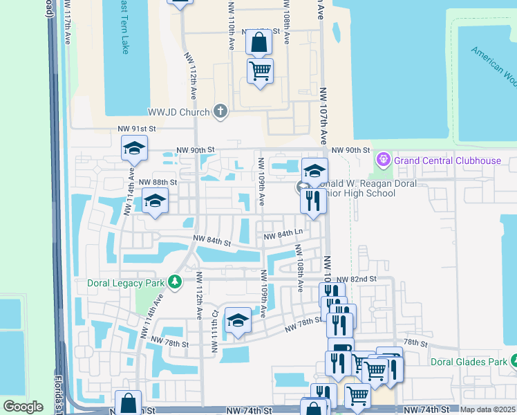 map of restaurants, bars, coffee shops, grocery stores, and more near 8707 Northwest 109th Court in Doral