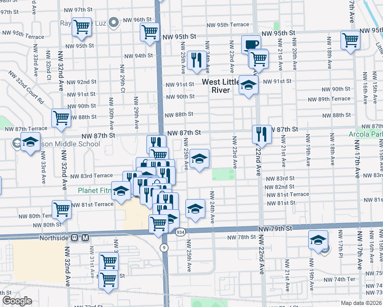 map of restaurants, bars, coffee shops, grocery stores, and more near 2480 Northwest 86th Street in Miami
