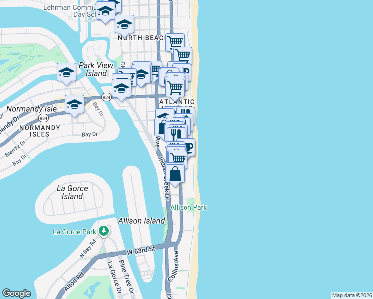 map of restaurants, bars, coffee shops, grocery stores, and more near 6767 Collins Avenue in Miami Beach