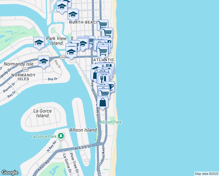 map of restaurants, bars, coffee shops, grocery stores, and more near 6799 Collins Avenue in Miami