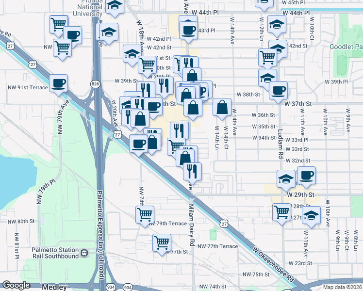 map of restaurants, bars, coffee shops, grocery stores, and more near 1605 West 33rd Place in Hialeah