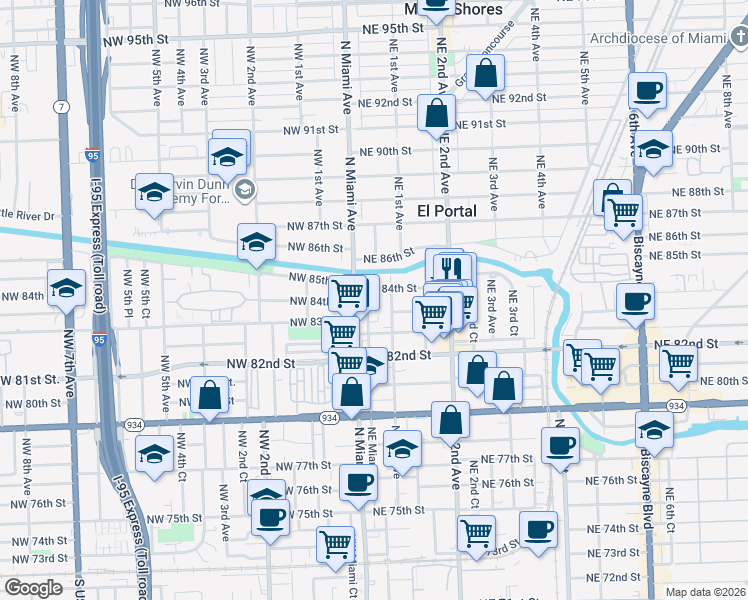 map of restaurants, bars, coffee shops, grocery stores, and more near 8321 Northeast Miami Court in Miami