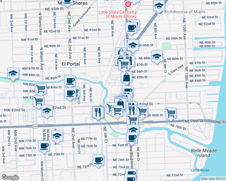 map of restaurants, bars, coffee shops, grocery stores, and more near 471 Northeast 83rd Street in Miami