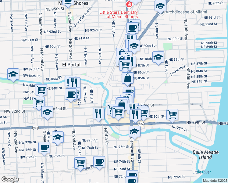 map of restaurants, bars, coffee shops, grocery stores, and more near 471 Northeast 83rd Street in Miami