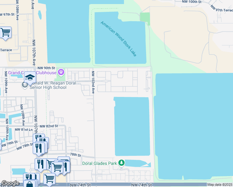 map of restaurants, bars, coffee shops, grocery stores, and more near 9953 Northwest 86th Terrace in Doral