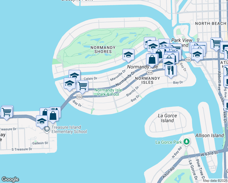 map of restaurants, bars, coffee shops, grocery stores, and more near 1595 Normandy Drive in Miami Beach