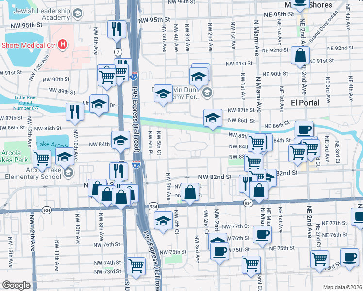 map of restaurants, bars, coffee shops, grocery stores, and more near 8456 Northwest 4th Court in Miami