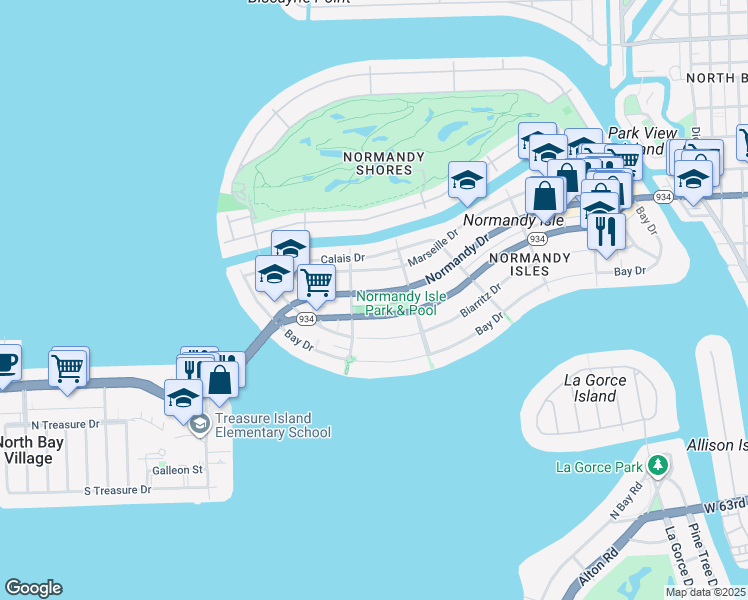 map of restaurants, bars, coffee shops, grocery stores, and more near 1776 Normandy Drive in Miami Beach
