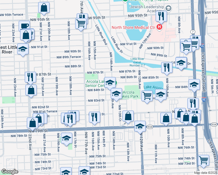 map of restaurants, bars, coffee shops, grocery stores, and more near 8430 Northwest 14th Avenue in Miami