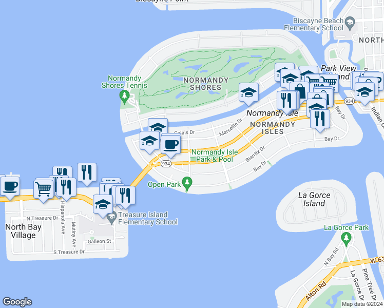map of restaurants, bars, coffee shops, grocery stores, and more near 1915 Normandy Drive in Miami Beach
