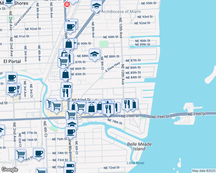 map of restaurants, bars, coffee shops, grocery stores, and more near 8351 Northeast 8th Court in Miami