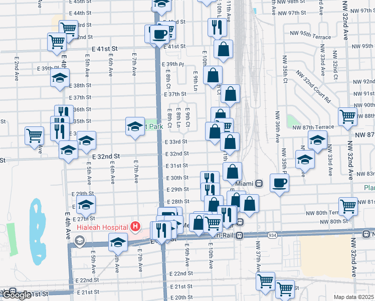 map of restaurants, bars, coffee shops, grocery stores, and more near 942 East 33rd Street in Hialeah