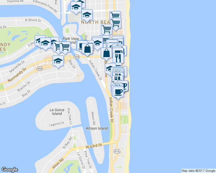 map of restaurants, bars, coffee shops, grocery stores, and more near 6801 Indian Creek Drive in Miami